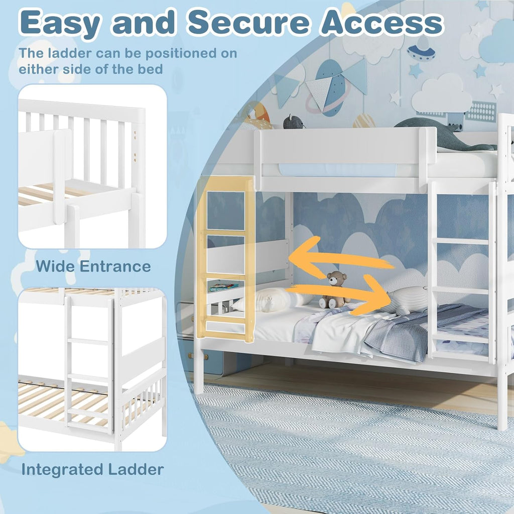 Giantex Wood Bunk Bed Twin Over Twin, Solid Wood Bunk Bed Frame with Ladder & Safety Guardrails, Space-Saving Convertible Bunk Beds for Kids Teens Juniors, Can Be Divided Into Two Twin Beds, White