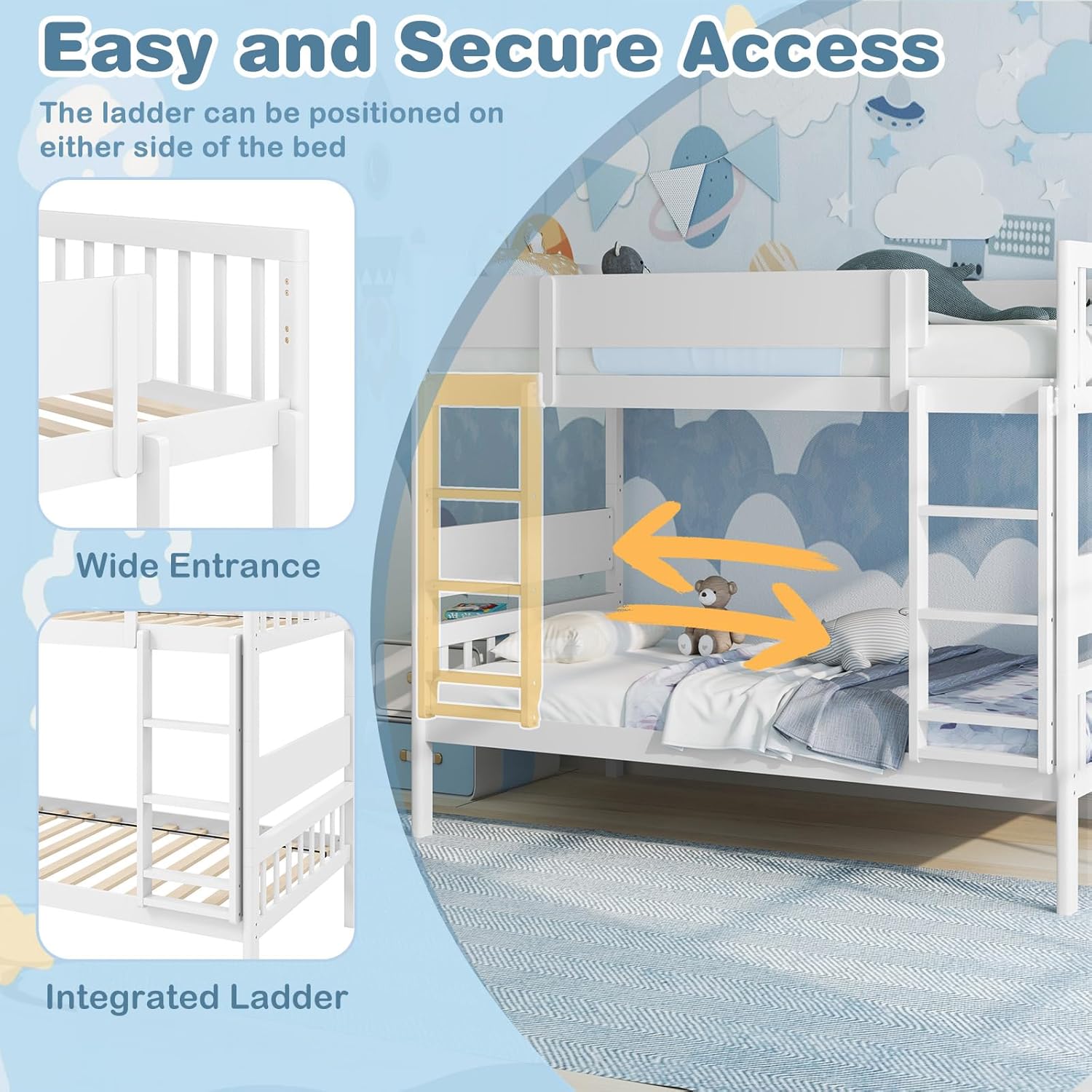 Giantex Wood Bunk Bed Twin Over Twin, Solid Wood Bunk Bed Frame with Ladder & Safety Guardrails, Space-Saving Convertible Bunk Beds for Kids Teens Juniors, Can Be Divided Into Two Twin Beds, White