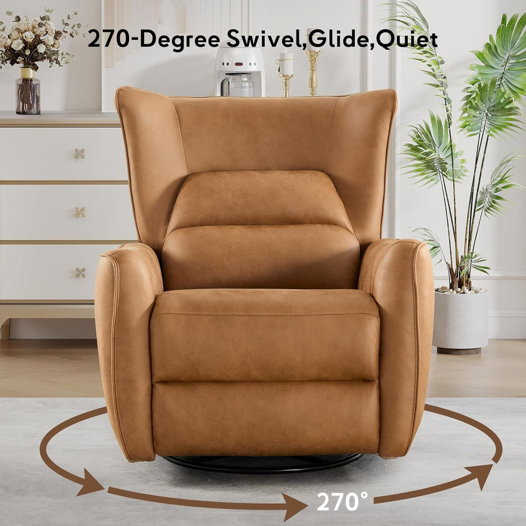 Bonzy Home 270° Swivel Power Recliner Chair, 30° Rocking Chair with Lumber Cushion and Highly Enveloping Backrest, Electric Reclining Home Theater Seat for Nursery, Bedroom, Living Room, Brown