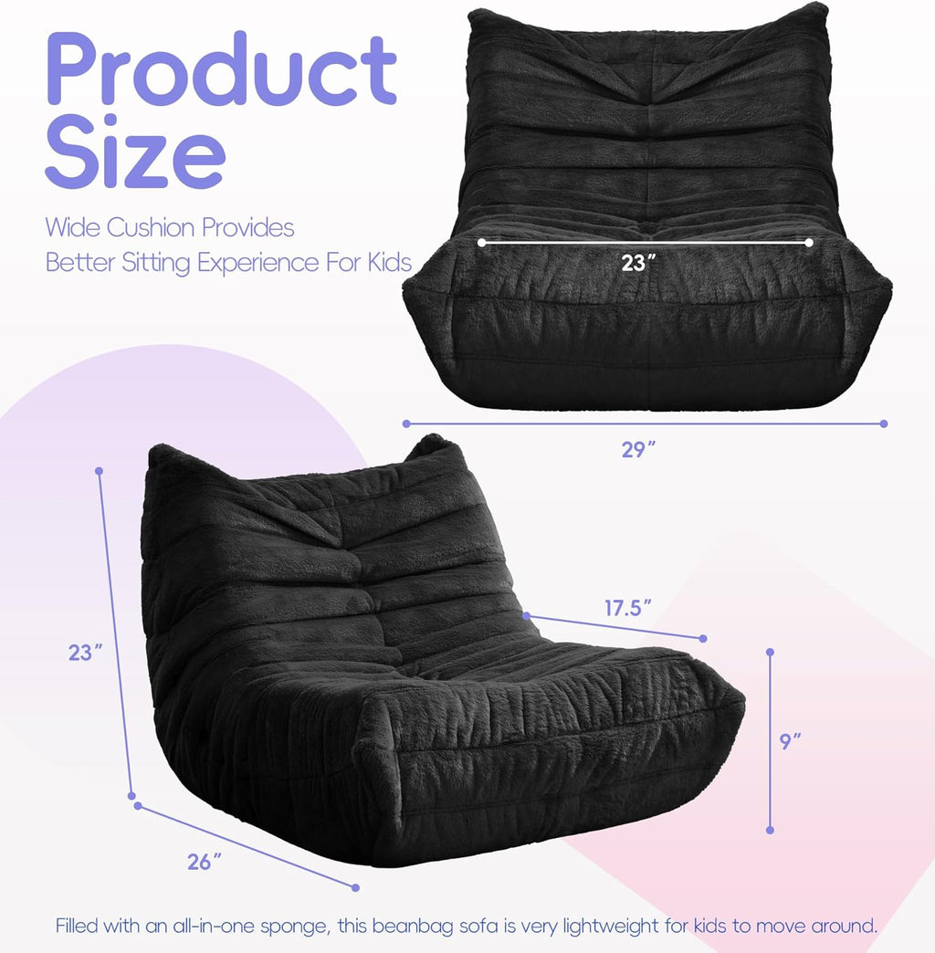 Hobestluk Bean Bag Chair with Memory Foam Ultra Soft Faux Fur Fabric Ergonomic Design Small Bean Bag Couch Beanbag Chair for Living Room Bedroom Playroom(Black Plush Medium)