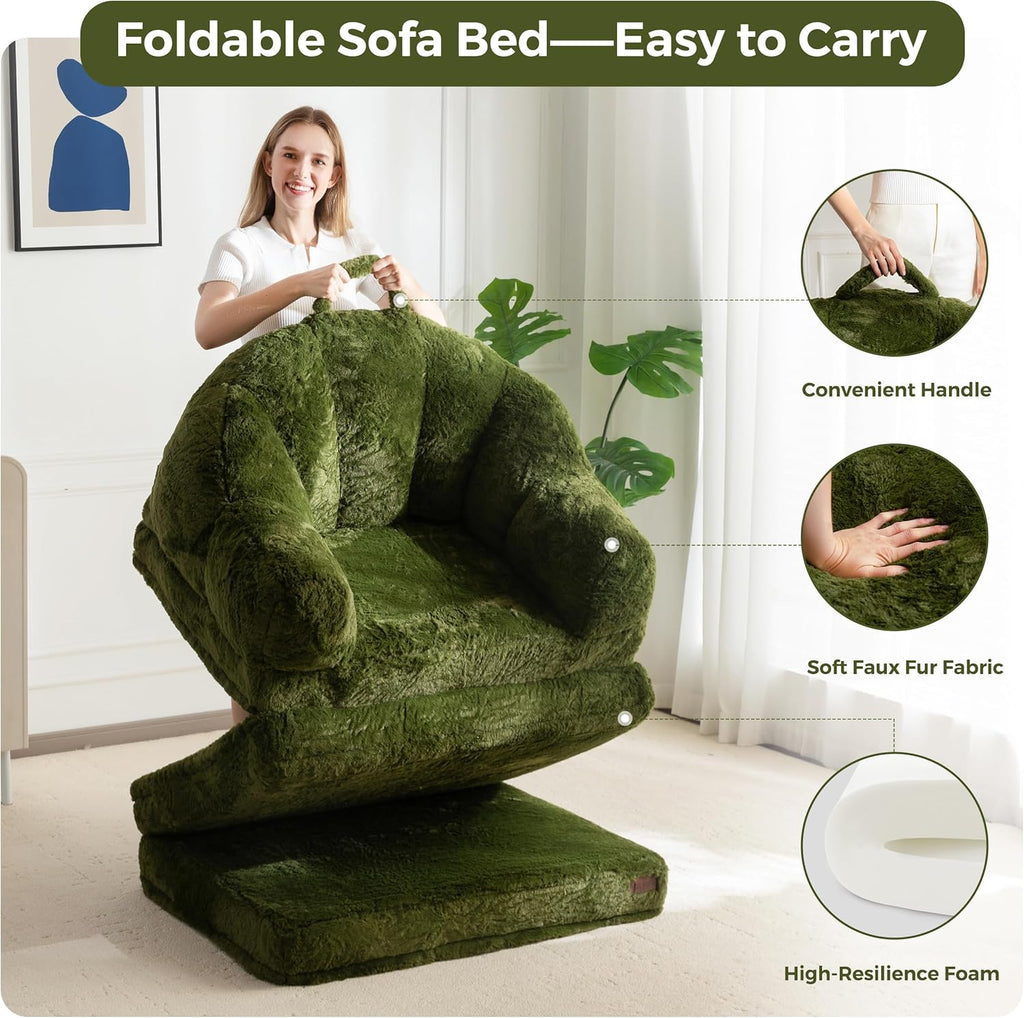 MAXYOYO Folding Sofa Bed, 2 in 1 Convertible Sofa to Lounger Comfy Single Bean Bag Chair for Adults, Floor Sleeper Couch with Handle, Faux Fur Couch Bed for Living Room Bedroom, Green