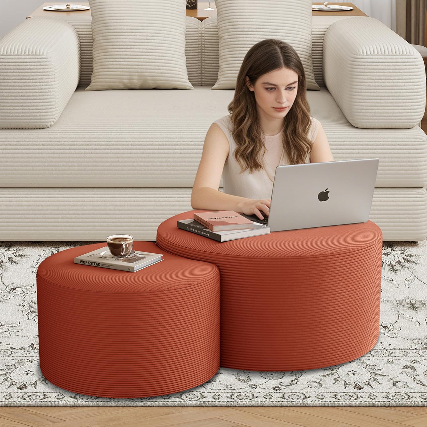 BSHOMGI Nesting Coffee Table Set of 2, Upholstered Round Corduroy Circle Foam Round Side Table for Living Room, Entryway Set, 32"+17" Footrest No Assembly (Orange, 32"+17")