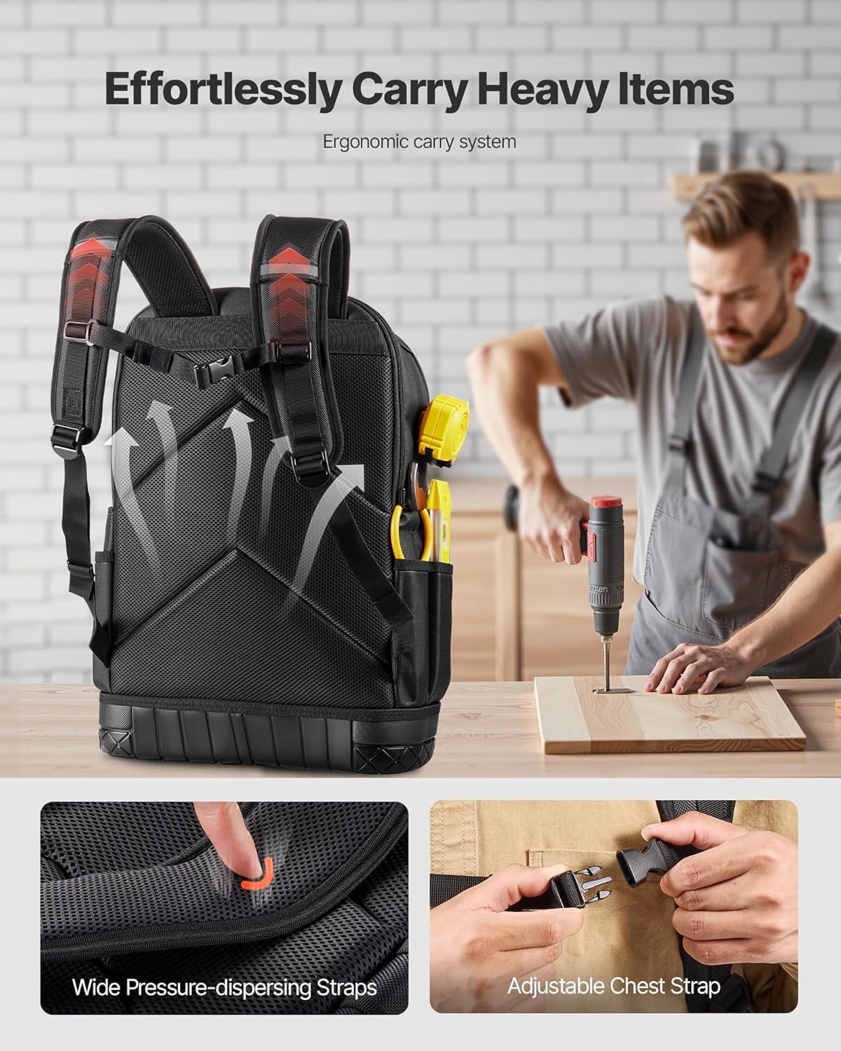 VEVOR Tool Backpack with Tools, 65 Pockets, Heavy-duty Tools Storage Organizer Bags with Laptop Compartment & Molded Base, Electrician Jobsite Backpack for Electrician, Repairman, and HVAC Techs