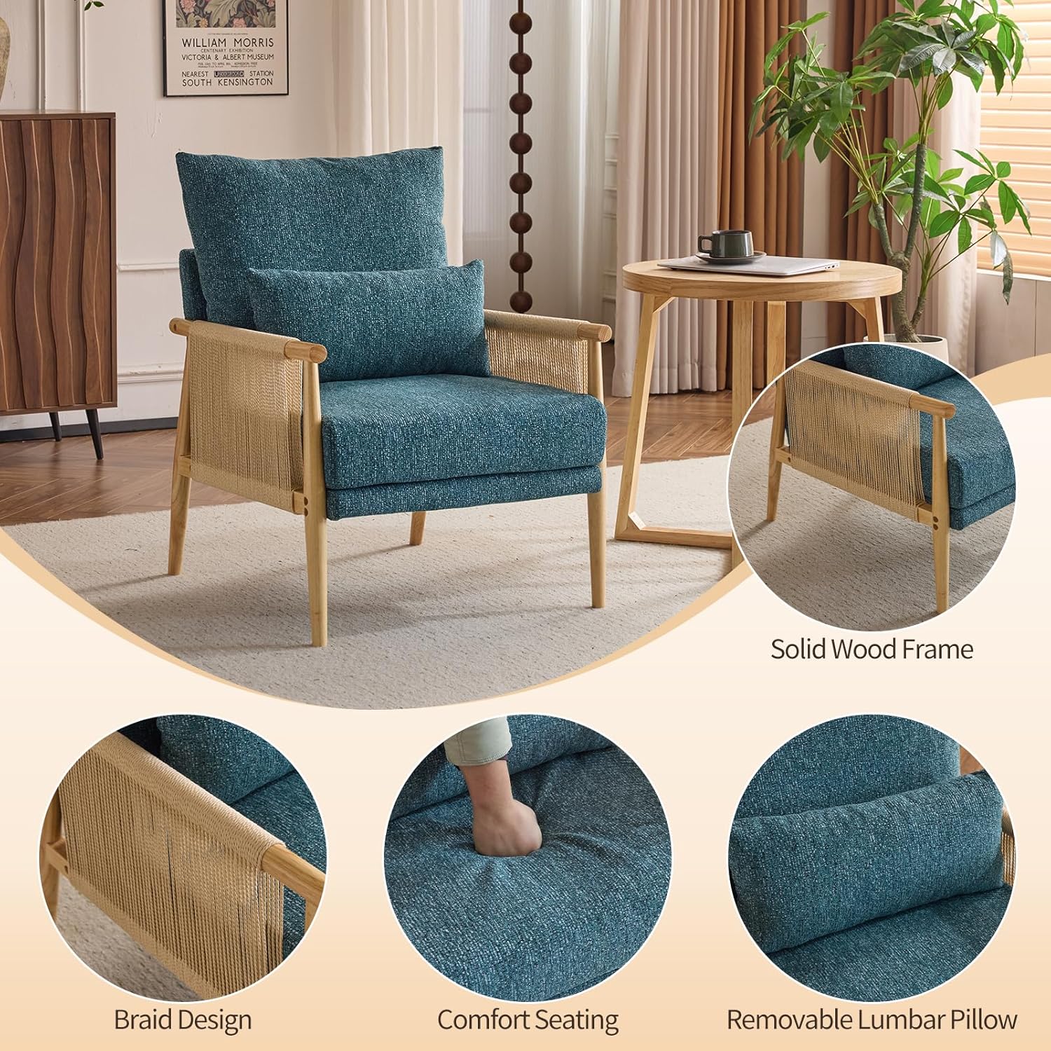 Karl home Cozy Chenille Accent Chair with Lumbar Pillow & Rattan Arms Modern Lounge Chair for Living Room, Bedroom, Reading Nook, Blue & Green