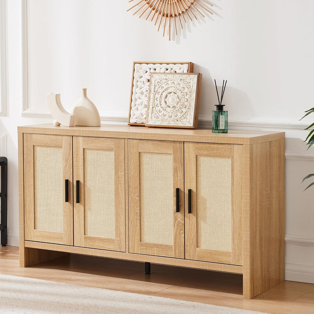Mericonia Rattan Buffet Cabinet with Storage, Sideboard Cabinet with Doors and Adjustable Shelves, Farmhouse Coffee Bar Station Table, Modern Wood Cupboard for Kitchen, Livingroom and Dining Room