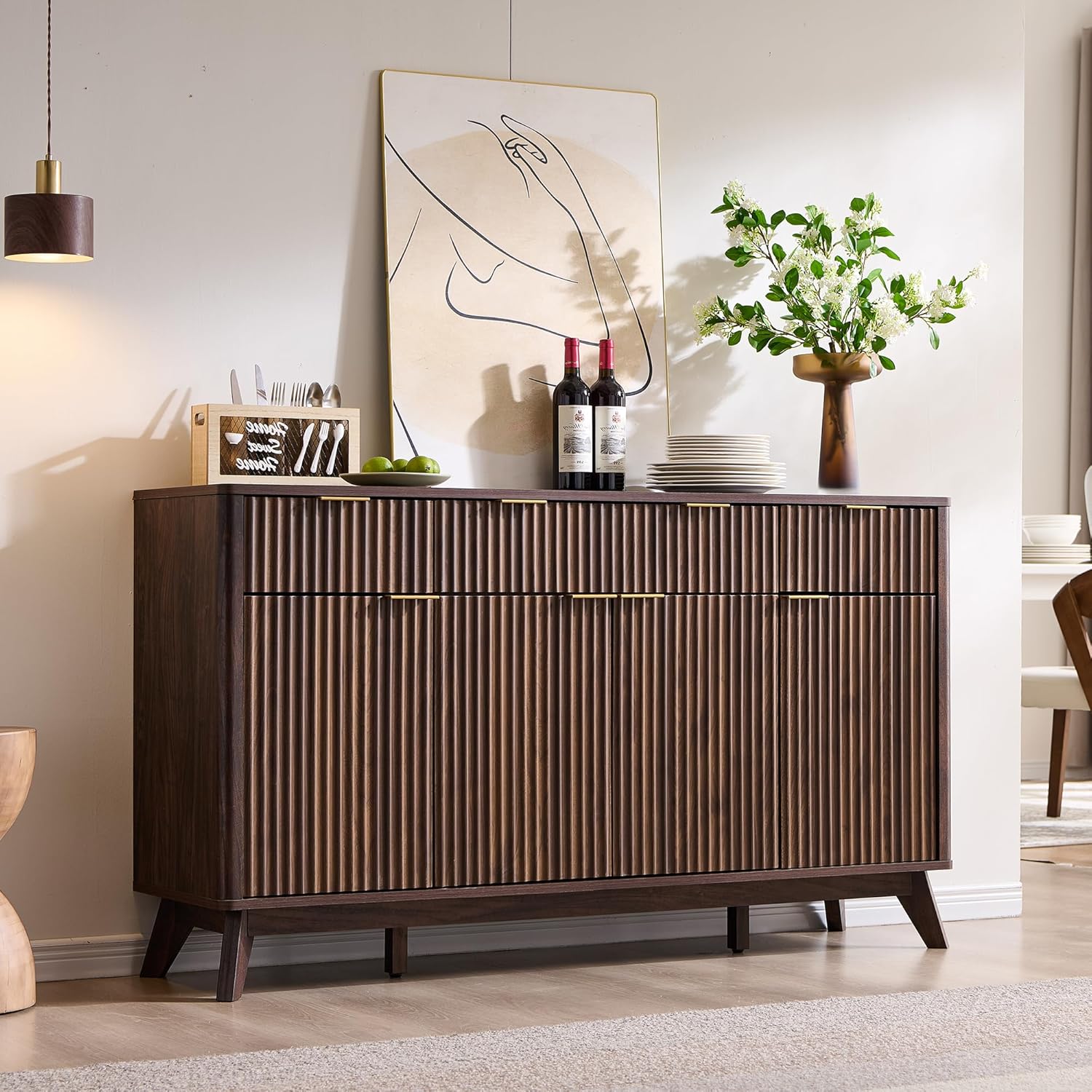 T4TREAM Fluted Buffet Sideboard Cabinet with Storages, 60" Large Modern Buffet Table Coffee Bar Wine Bar Storage Cabinet with 3 Drawers & 4 Doors for Dining Room, Living Room, Hallway(Dark Walnut)