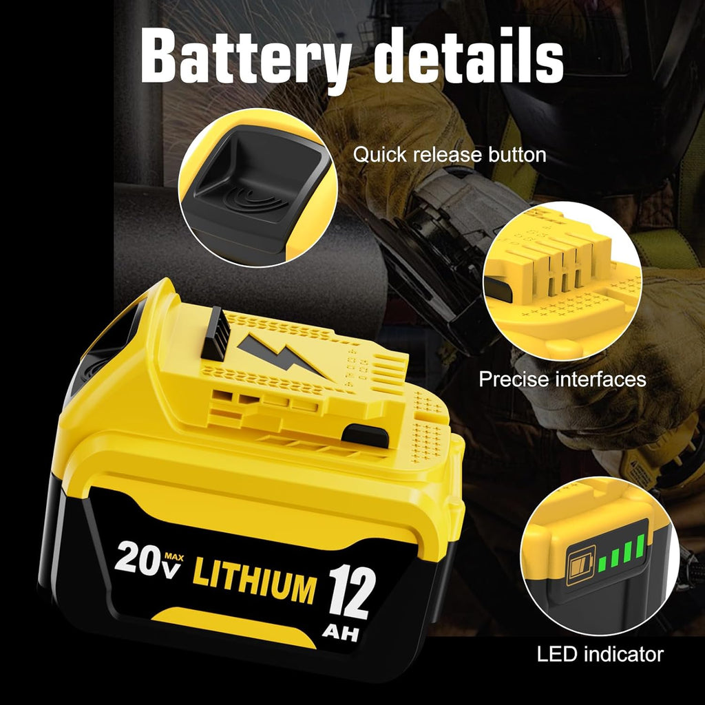 4 Packs 12000mAh Replacement for Dewalt 20V Battery 12.0Ah and DCB104 4-Port Charger Compatible with Dewalt 20V Battery Lithium DCB206 DCB207 DCB204 DCB200 DCB201 DCB203 Series Power Tool(5Pack）