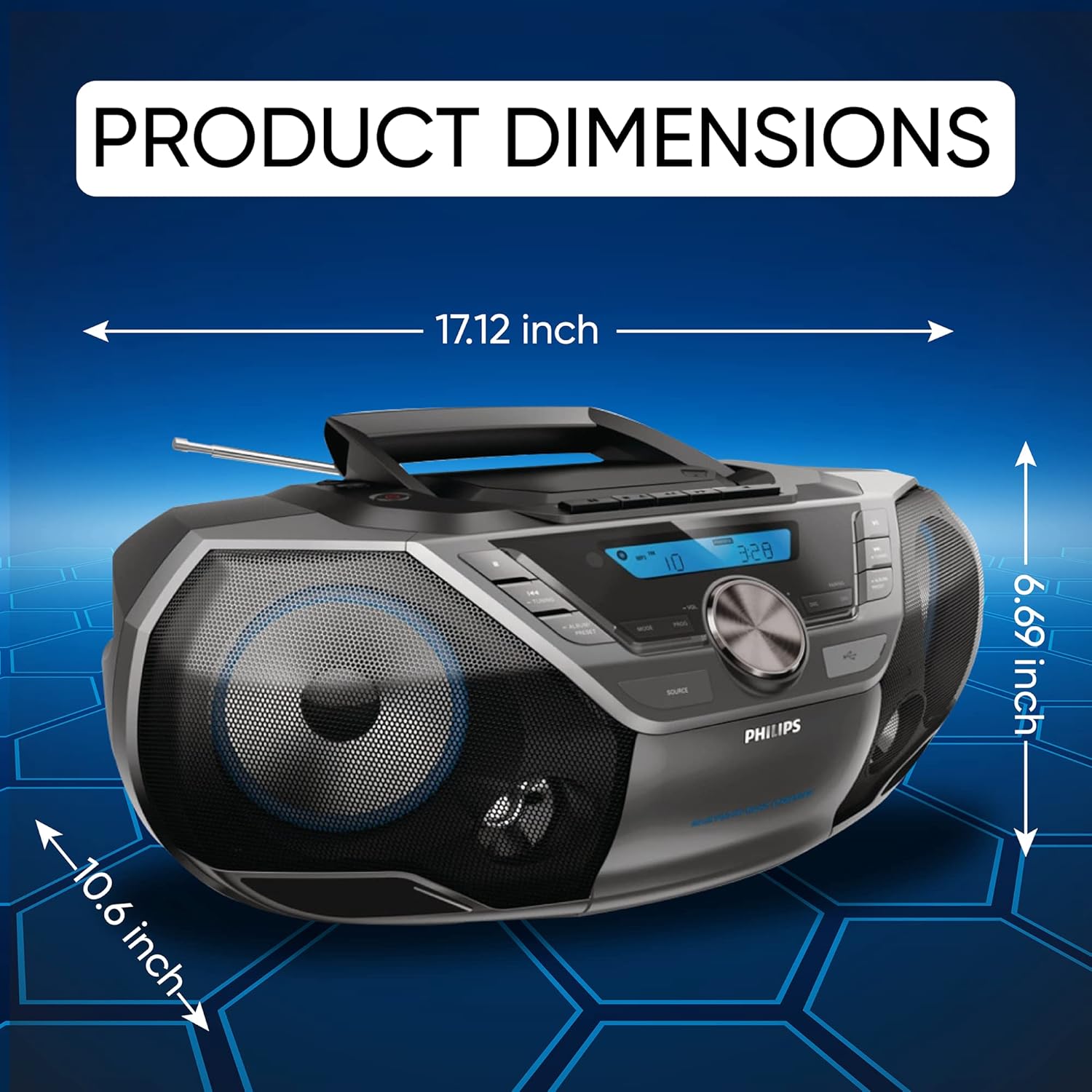 Philips Portable CD Player Boombox Bluetooth with Cassette Player All in one Powerful Stereo Boom Box CD Player for Home Mega Bass Reflex Speakers  Radio/USB/MP3/AUX Input with Backlight LCD Display