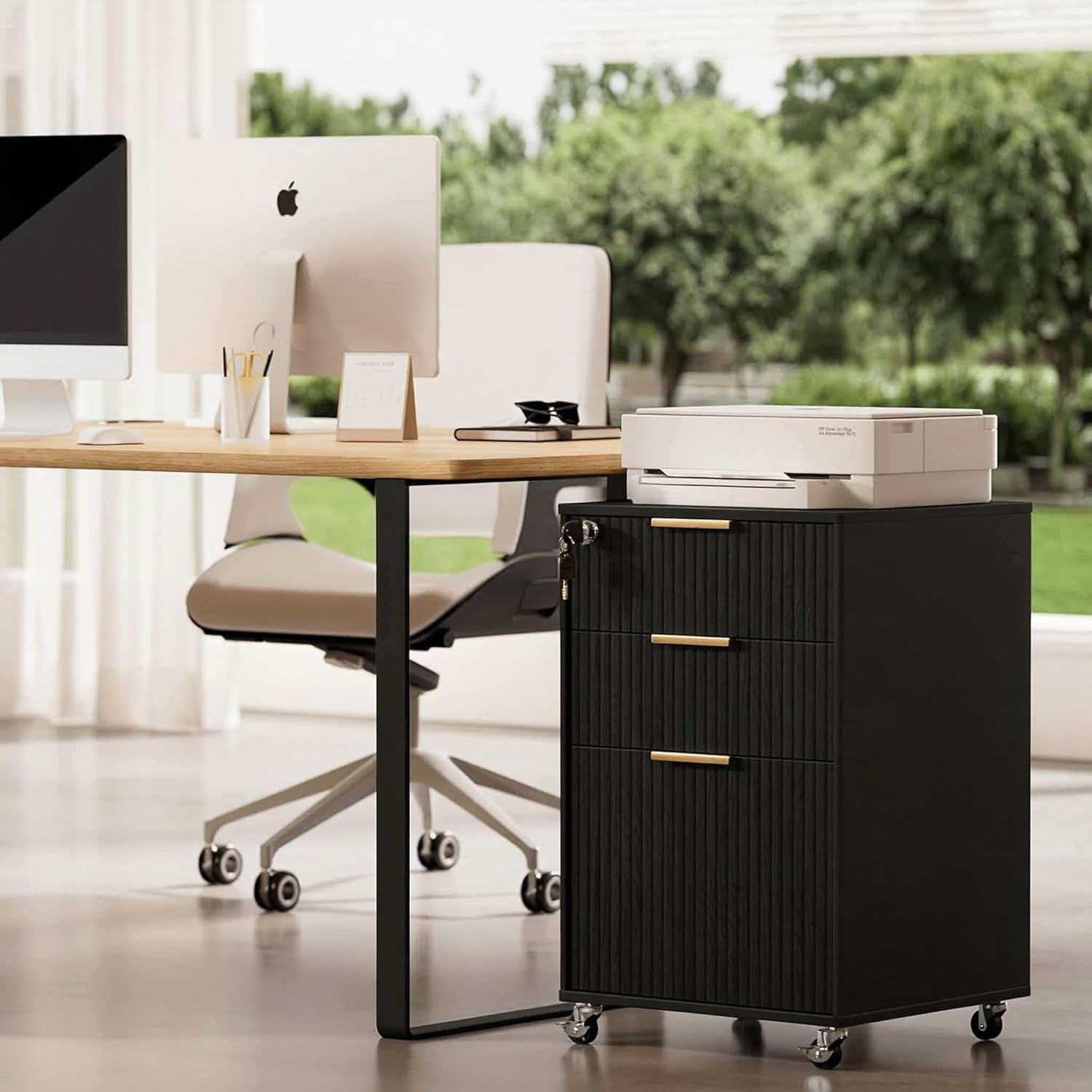 INNOD 3 Drawer Fluted Mobile File Cabinet with Lock, Rolling File Cabinet, Under Desk Wooden Filing Cabinets for Home Office (Black)