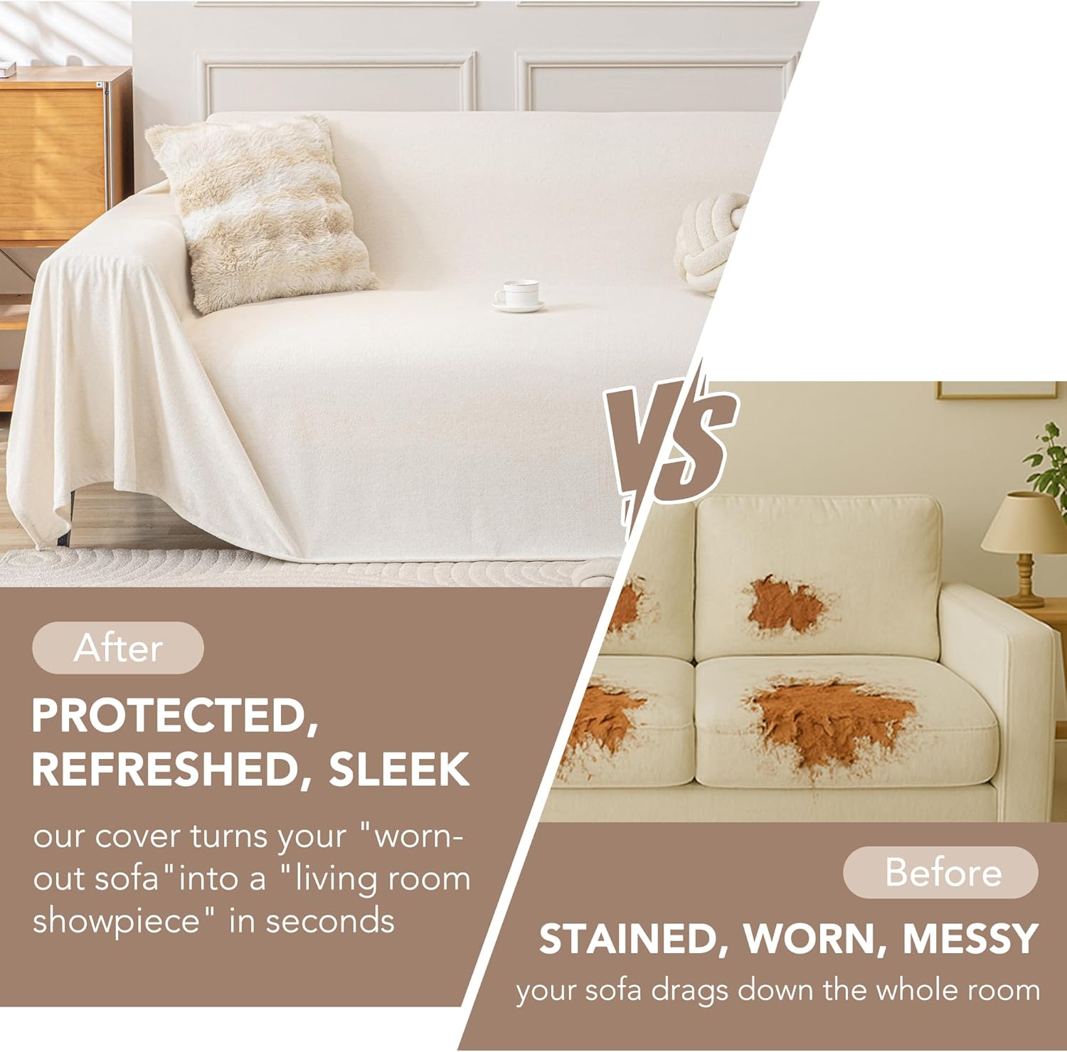 Waterproof Couch Covers for 4 Cushion, Non Slip Cat-Scratch Resistant Sofa Couch Covers for Dogs, L Shape Sectional Protectors Slipcovers, Large Furniture Covers for Pets, 91" x 150", Ivory