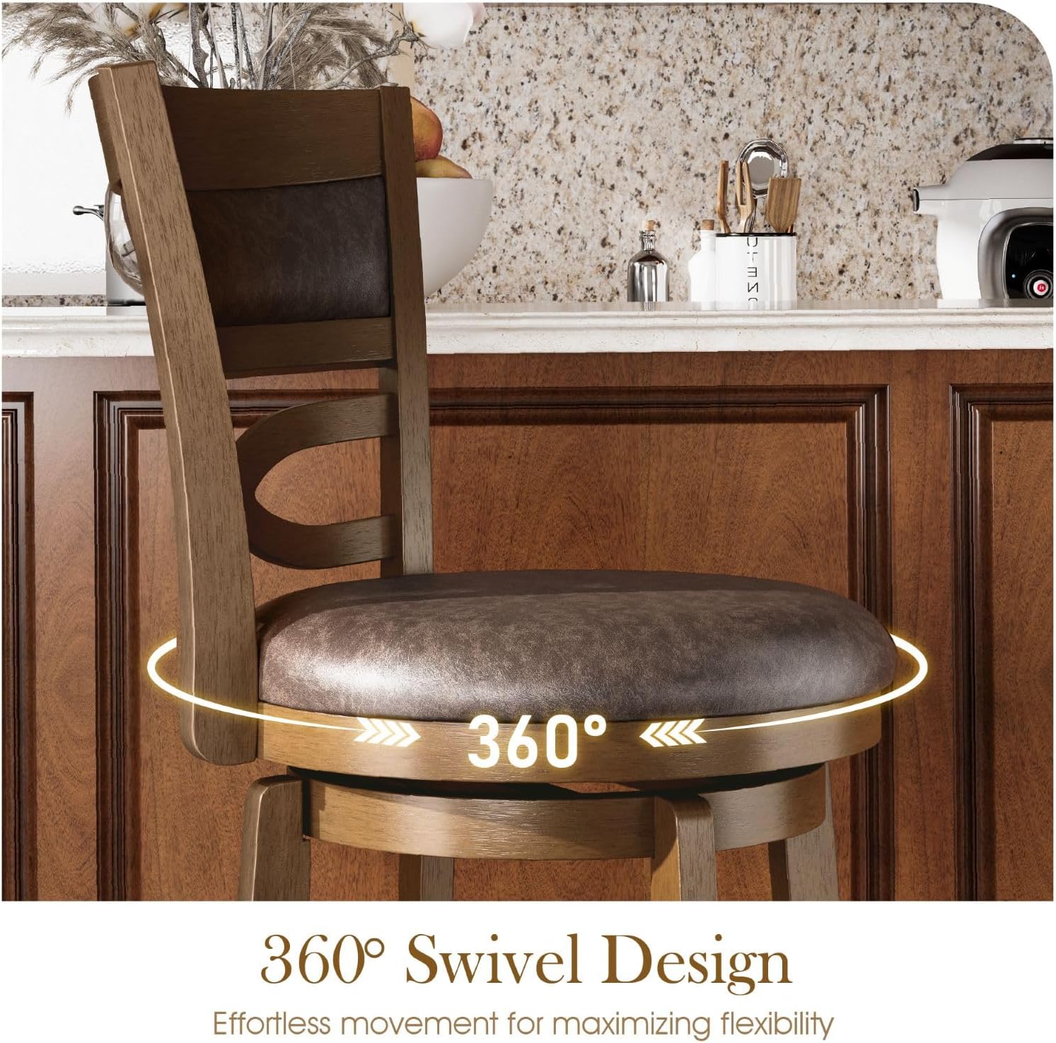 Sophia & William Swivel Bar Stools Set of 2, 26 Inch Counter Height Barstools with Backrest & Solid Wood Legs, Faux Leather Bar Stools for Kitchen Island