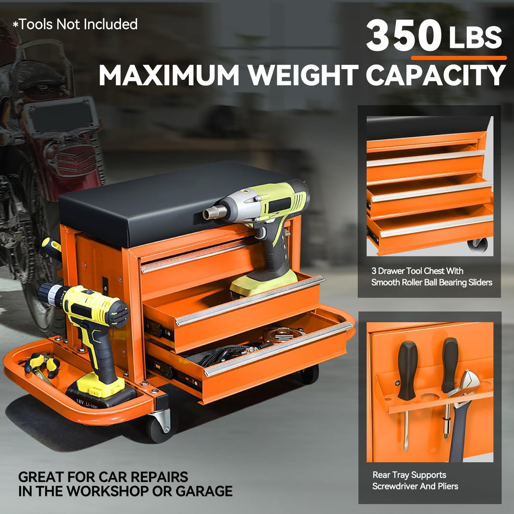 PM PERFORMOTOR 3-Drawer Tool Chest Rolling Mechanic Seat with Tool Trays,350lbs Max Weight Capacity, Orange,PM-TOL-RST1-OG