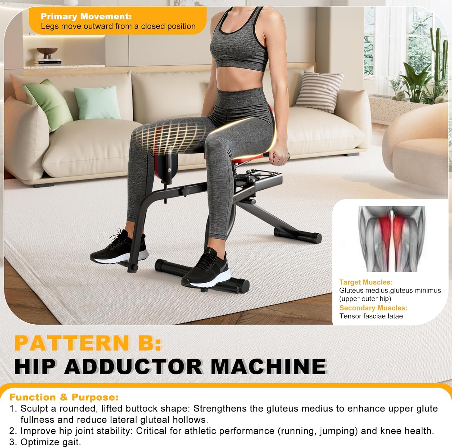 2 in 1 Hip Abductor & Adductor Machine, Compact Home Gym Equipment for Inner & Outer Thigh, Glute Workout Booty Trainer, Adjustable Leg Exercise Machine for Women Men