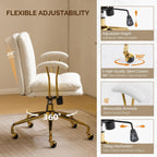 VINGLI Home Office Desk Chair Comfy with Wheels & Removable Armrests,Gold Base Vanity Chair with Back, Adjustable Rolling Swivel Computer Task Chair for Study,Makeup,Office,Bedroom,PU Leather,White