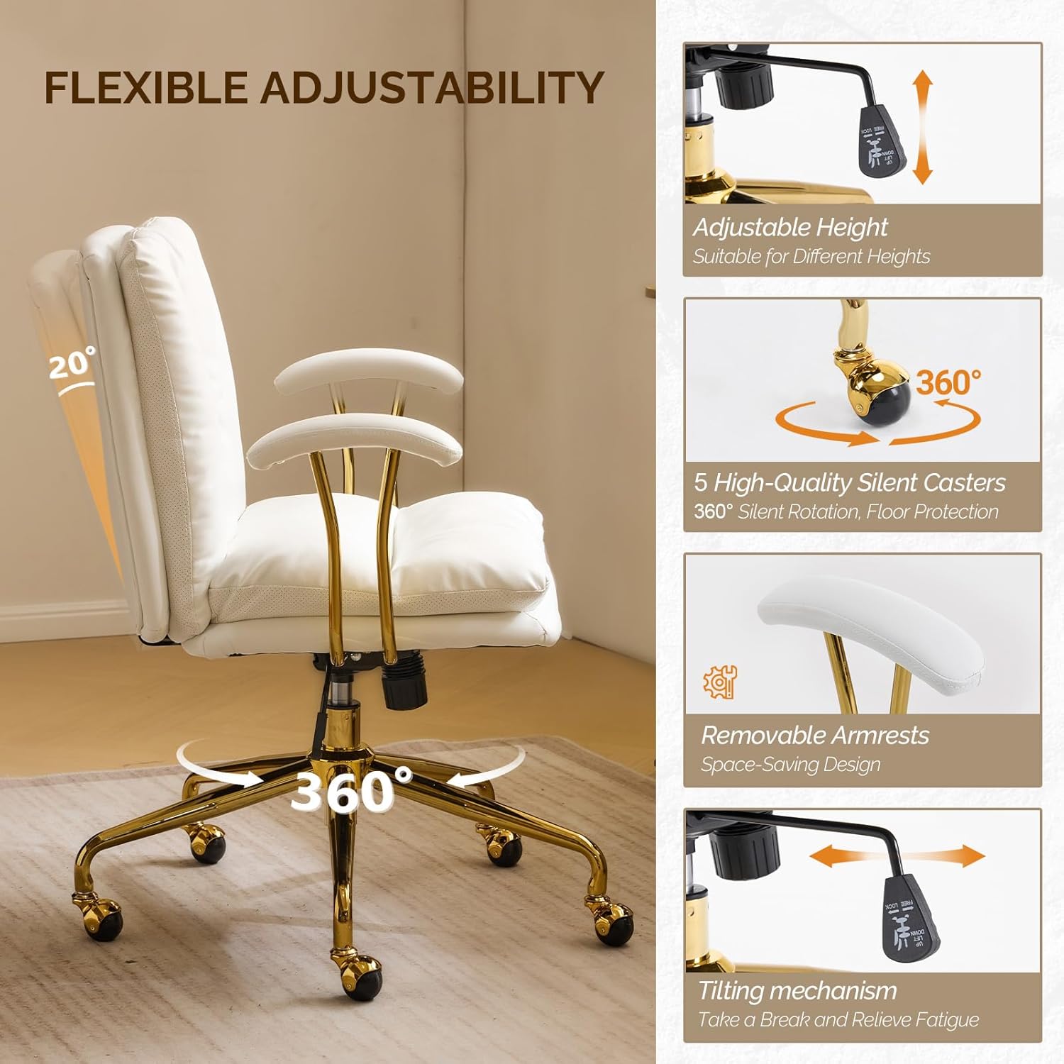 VINGLI Home Office Desk Chair Comfy with Wheels & Removable Armrests,Gold Base Vanity Chair with Back, Adjustable Rolling Swivel Computer Task Chair for Study,Makeup,Office,Bedroom,PU Leather,White