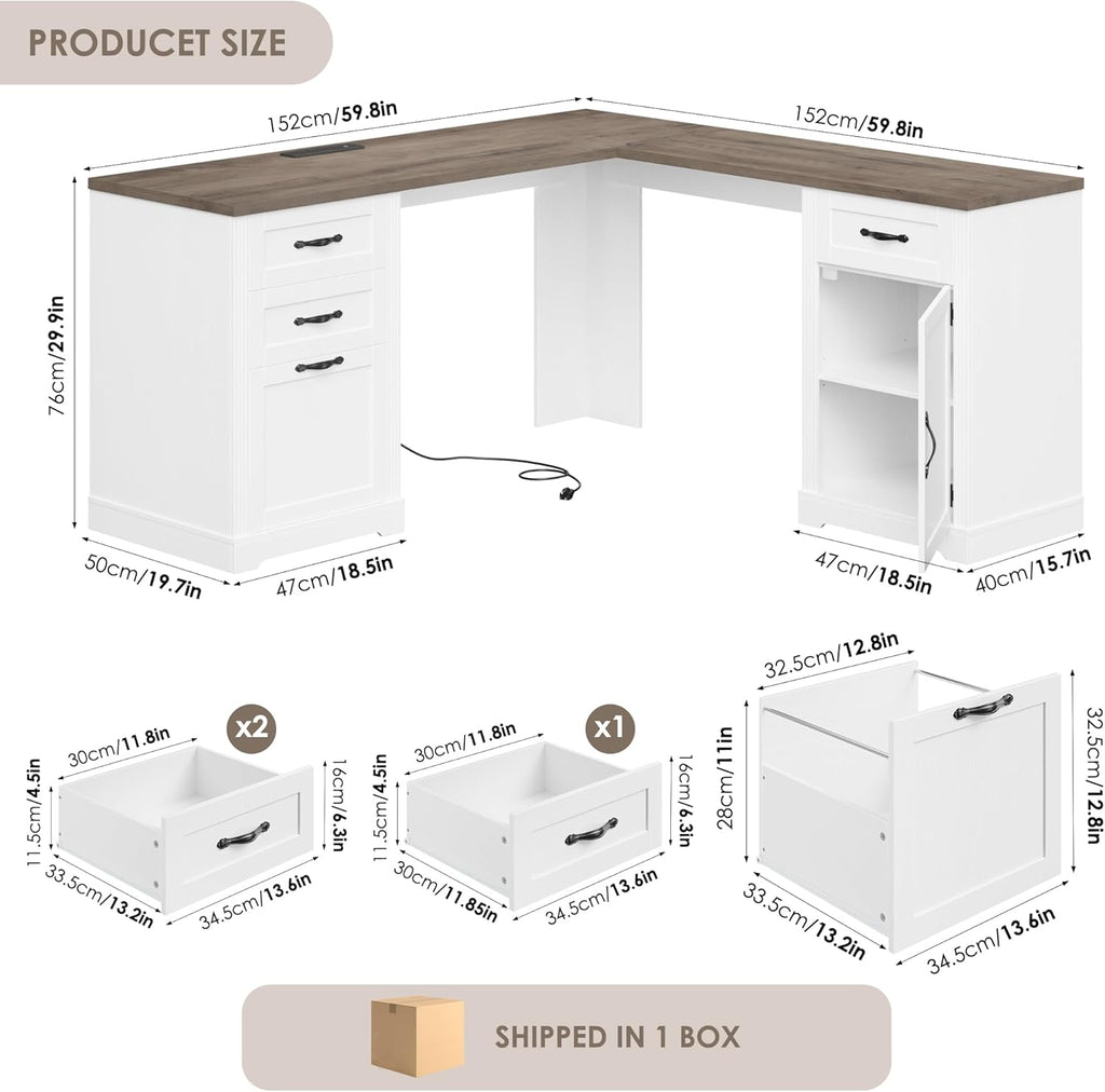 HIFIT Farmhouse Executive L Shaped Desk with Power Outlets, 60" Corner Computer Desk with 3 Storage Drawers & 2 File Cabinets, L Shaped Home Office Desk for Study, White