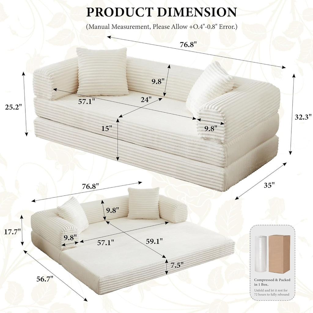 Boneless Couch Versatile Couches for Living Room No-Install Sofa Bed Corduroy Futon Soft Cloud Couch with Pillows for Bedroom Game Movie