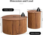 Fluted Round Nesting Coffee Table Set of 2, Mid Century Modern Wood Coffee Tables and End Table Set, Circle Side Table Minimalist Center Tables for Living Room, Office(Walnut)