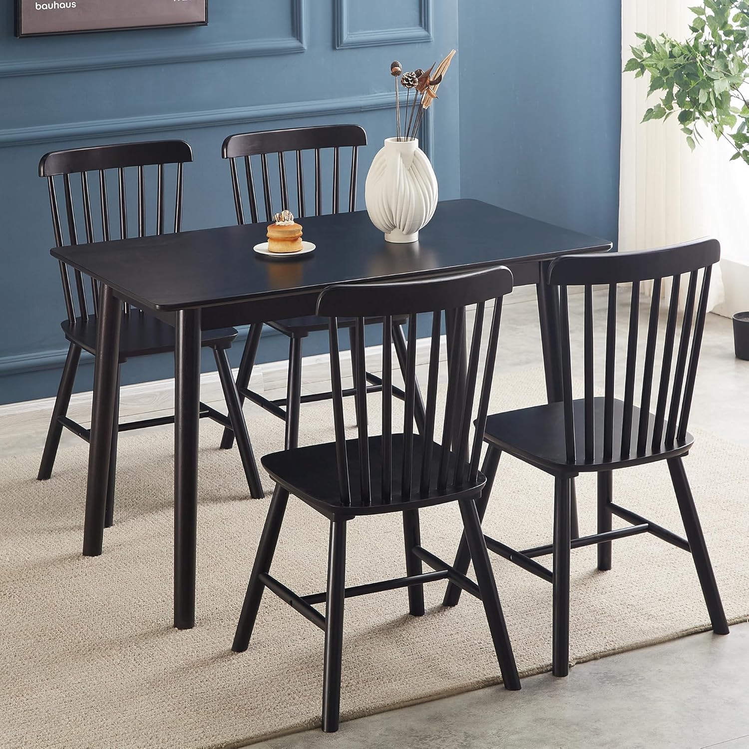 Black Windsor Dining Chairs Set of 4 Wooden Dining Chairs Spindle Back Dining Room Chairs, Modern Farmhouse Solid Wood Kitchen Chairs for Living Room, Restaurant, Cafe