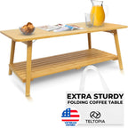 TelTopia Compact Folding Coffee Table – Foldable Collapsible Bamboo Table for Small Living Rooms, Apartments & Dorms – Portable with Removable Shelf & Bag