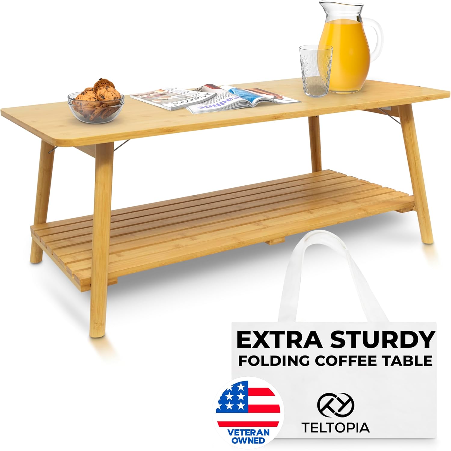 TelTopia Compact Folding Coffee Table – Foldable Collapsible Bamboo Table for Small Living Rooms, Apartments & Dorms – Portable with Removable Shelf & Bag