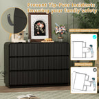 Black Dresser Fluted 6 Drawers Dresser for Bedroom, 47" Wide Wood Chest of Drawers with Hidden Handles & Rounded Corners, Modern TV Stand Storage Cabinet for Living Room, Hallway, Entryway