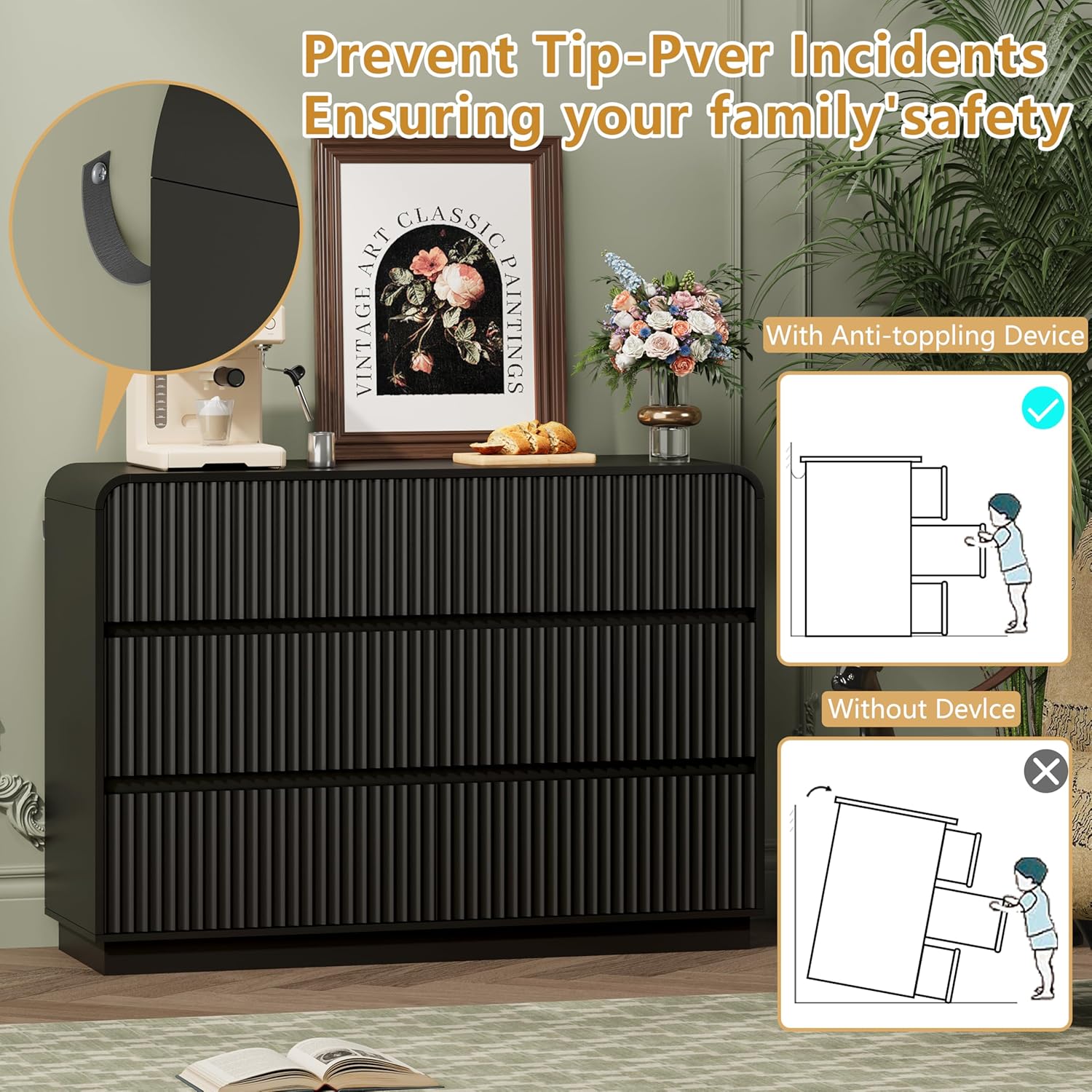 Black Dresser Fluted 6 Drawers Dresser for Bedroom, 47" Wide Wood Chest of Drawers with Hidden Handles & Rounded Corners, Modern TV Stand Storage Cabinet for Living Room, Hallway, Entryway