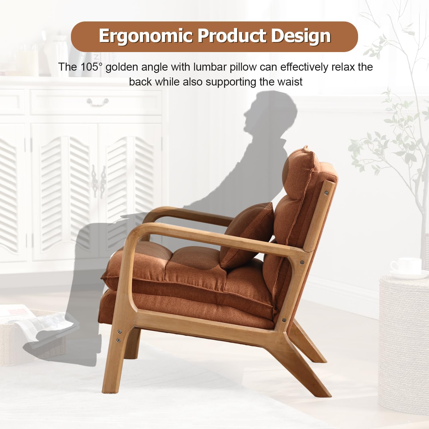 INZOY Accent Chairs Set of 2, Mid Century Modern Accent Chair with Wood Frame, Upholstered Reading Armchair with Waist Cushion, Side Chair for Living Room Bedroom Office, Easy Assembly, Brown