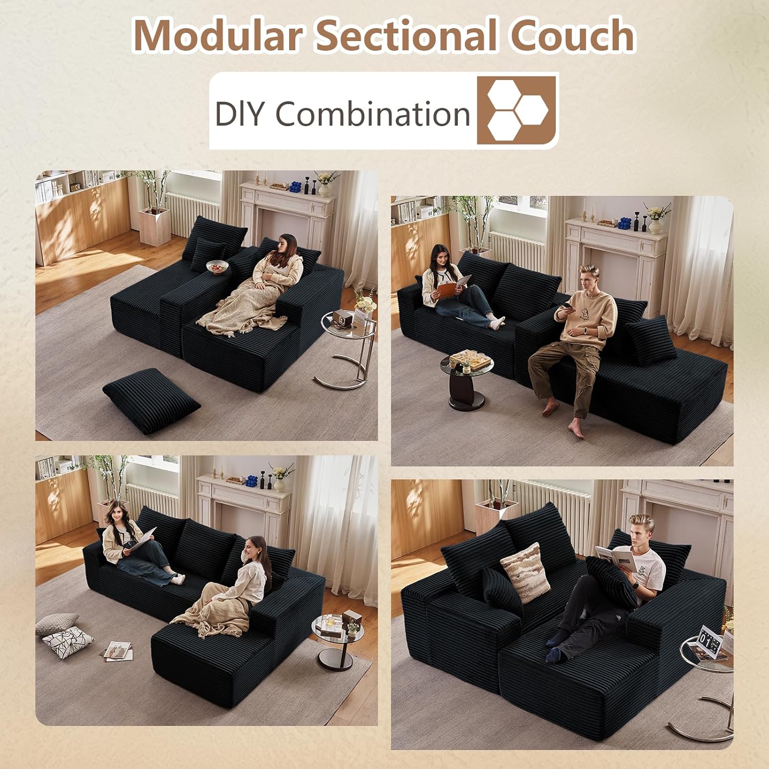 96" Modular Sectional Sofa, Modern Corduroy Cloud Couch with Deep Seat, Boneless Couch Upholstered 3-Seater L-Shaped Sofa for Living Room, No Assembly Required (Black, Right-Facing Chaise)