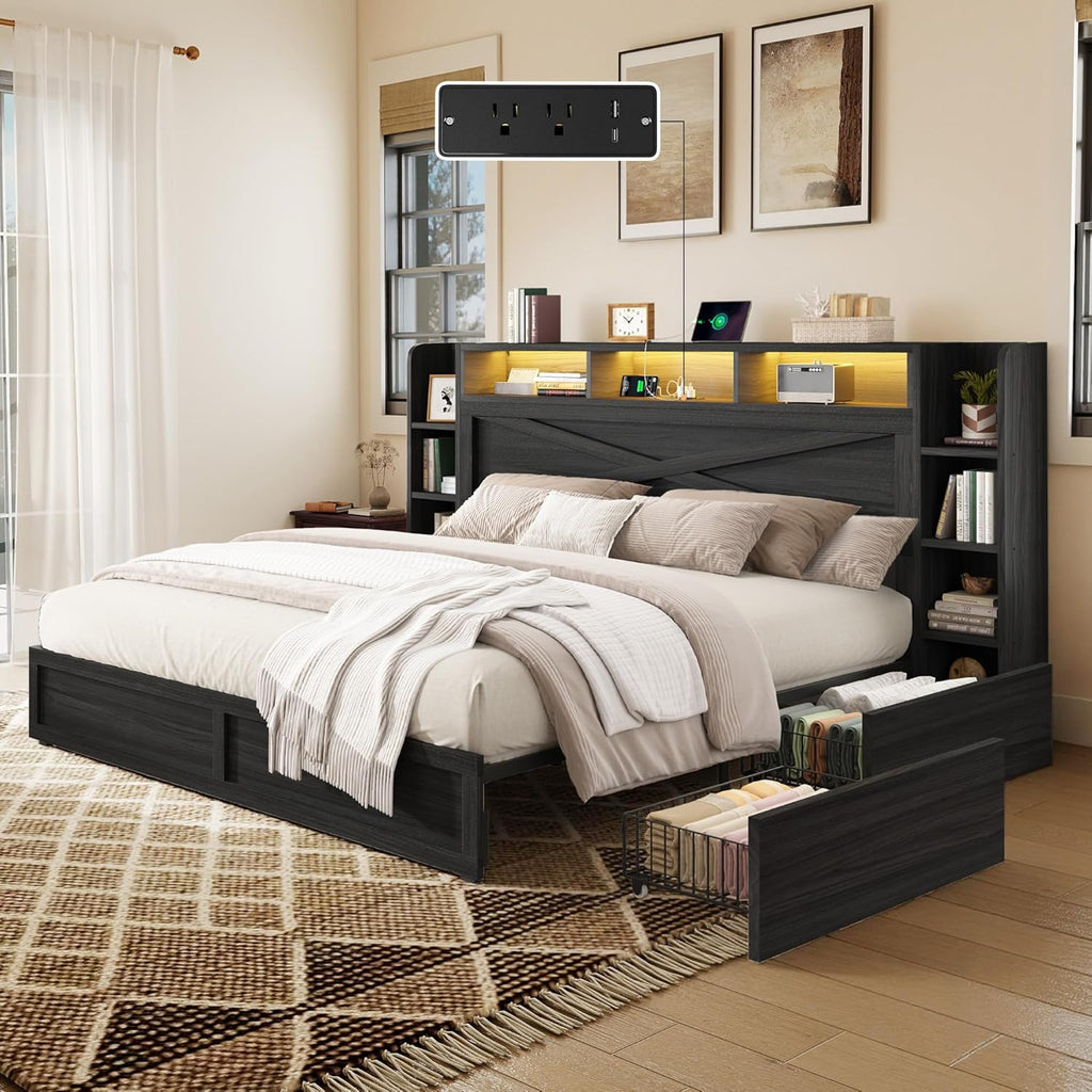AMERLIFE 45'' Farmhouse King Bed Frame with 4 Drawers, LED Bed Frame with Bookcase Headboard & Side Shelves, Wood Platform Bed with Charging Station, Black