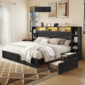AMERLIFE 45'' Farmhouse King Bed Frame with 4 Drawers, LED Bed Frame with Bookcase Headboard & Side Shelves, Wood Platform Bed with Charging Station, Black
