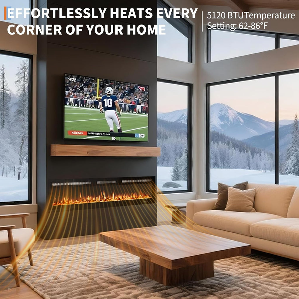 72-Inch Recessed Electric Fireplace, Wall Mounted, Remote Control, 12 Flame Colors, 750/1500W Heater, Multicolor, Log & Crystal, Black