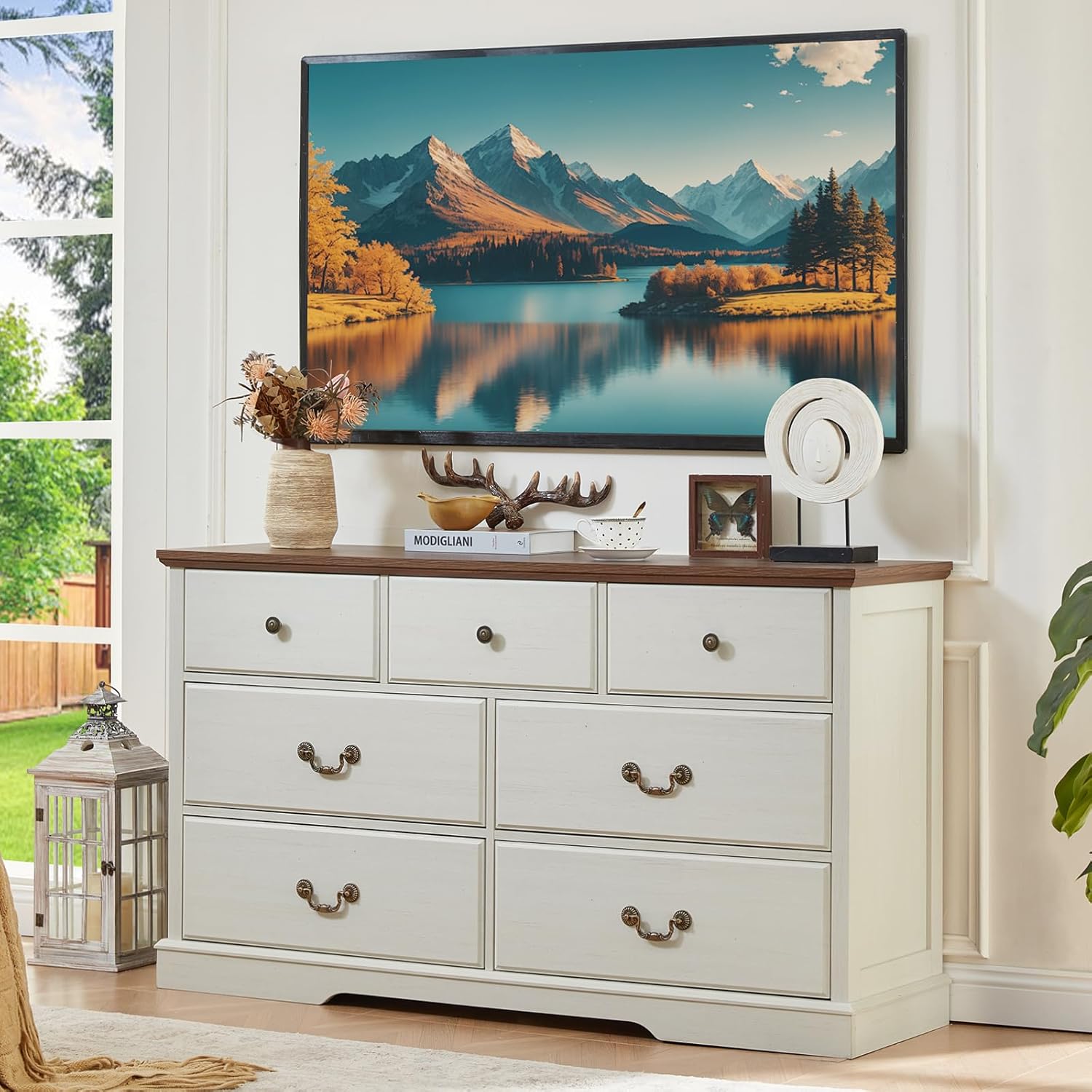 Farmhouse 7 Drawer Dresser for Bedroom,54" Wide Wood Rustic Chest of Drawers,Farmhouse Chest of Drawers for Bedroom,Wood Drawer Organizer for Living Room, Hallway,Bedroom,White