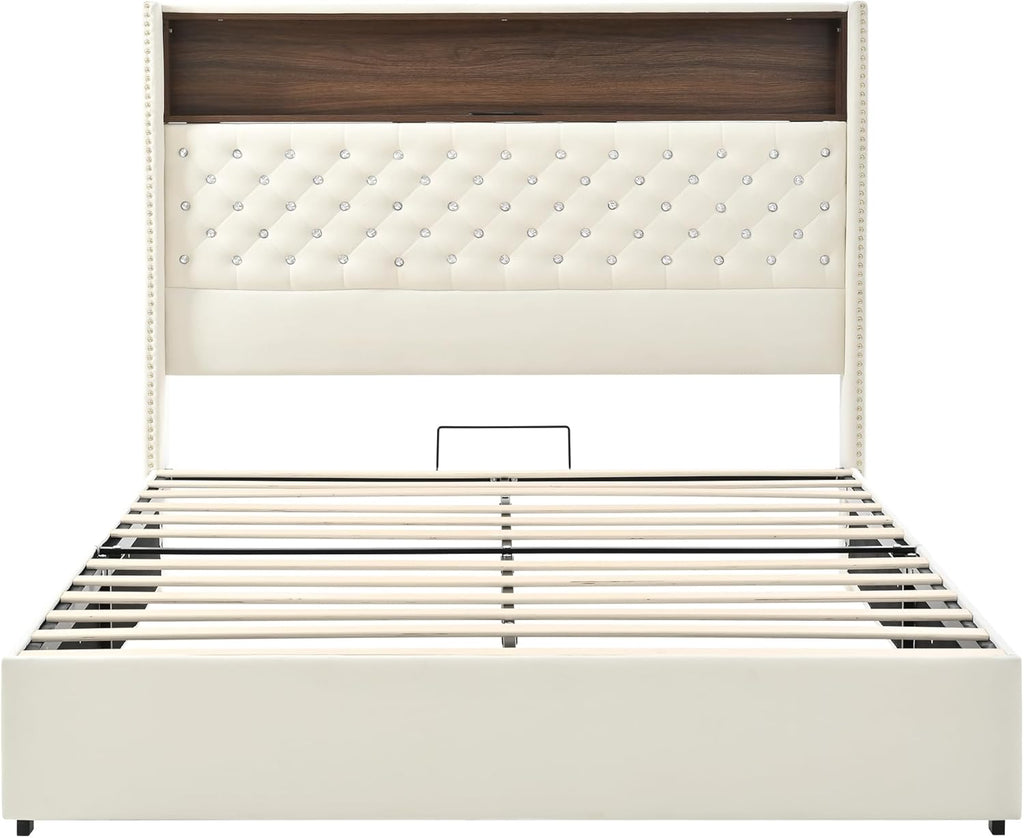 Merax Queen Size Velvet Bed Frame with 52'' High Headboard, USB Charging Port and Night Light, Soft Tufted Upholstered & Rivet Decoration, Wing-Back Platform Bed, Beige
