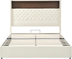 Merax Queen Size Velvet Bed Frame with 52'' High Headboard, USB Charging Port and Night Light, Soft Tufted Upholstered & Rivet Decoration, Wing-Back Platform Bed, Beige
