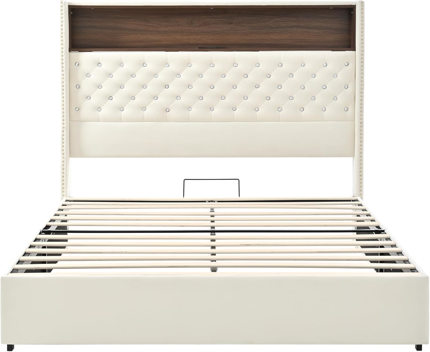 Merax Queen Size Velvet Bed Frame with 52'' High Headboard, USB Charging Port and Night Light, Soft Tufted Upholstered & Rivet Decoration, Wing-Back Platform Bed, Beige