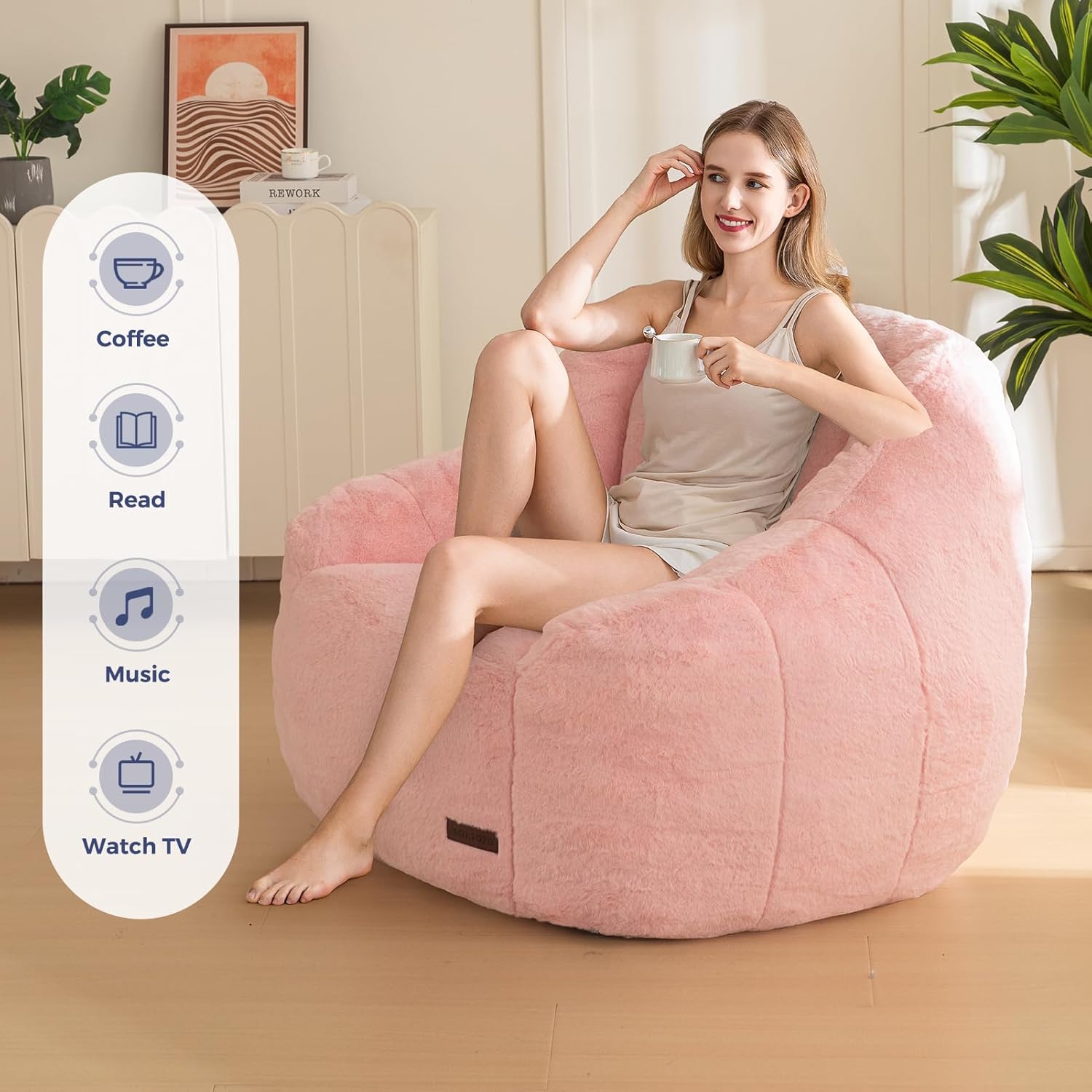 MAXYOYO Bean Bag Chair, Comfy Bean Bag Sofa with Back Support, Faux Fur Bean Bag Chair for Adults and Kids, Stuffed Floor Sofa for Living Room, Bedroom, Apartment, Pink