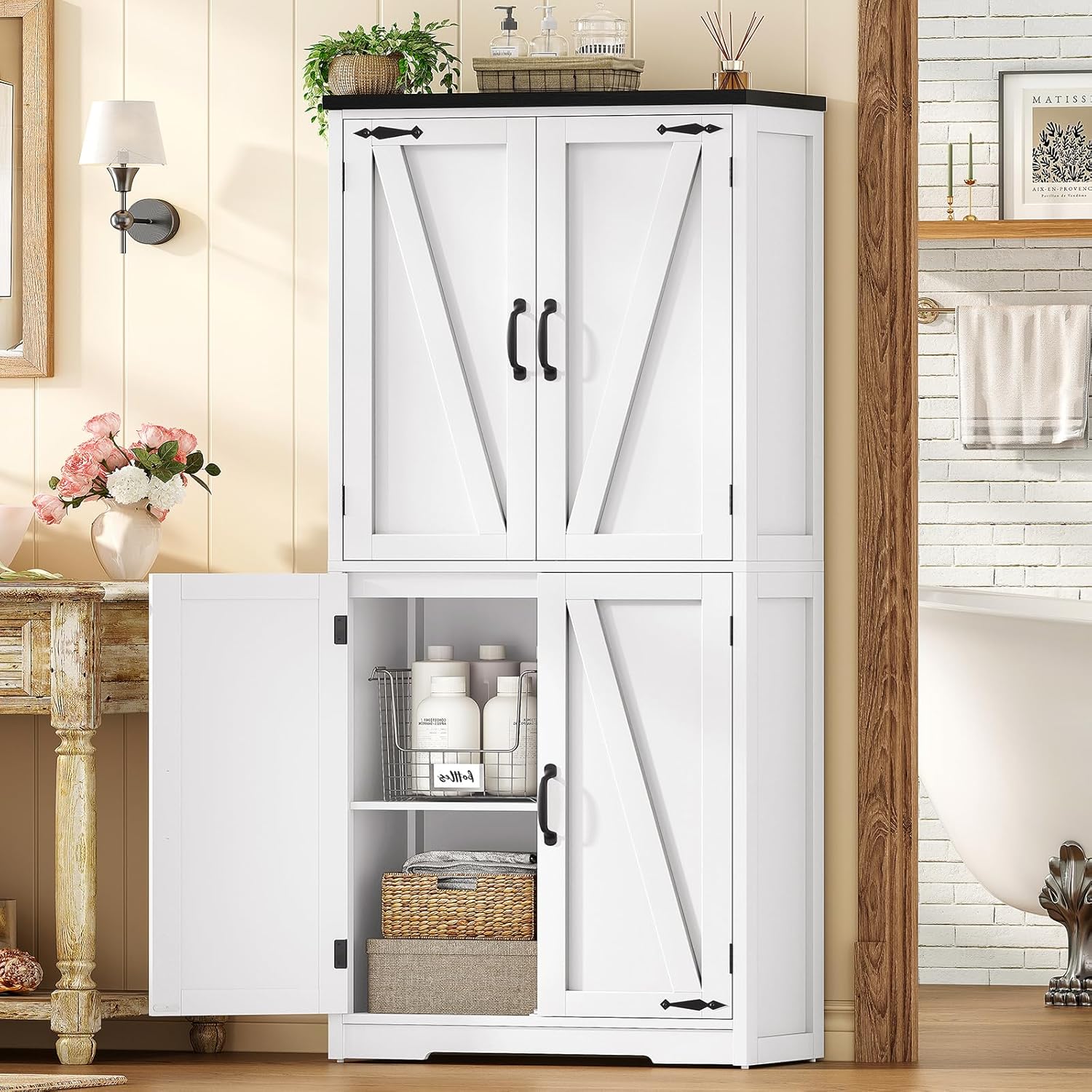TEENFON 58" H Storage Cabinet with Adjustable Shelf, Farmhouse Kitchen Pantry Cabinet, Bathroom Cabinet with 4 Doors, Cupboard for Kitchen, Bathroom, Living Room, White