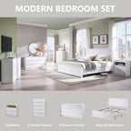 Modern King Size Bed Frame with 50" Tall Headboard, Wood King Size Platform Bed Frame w/3 Storage Drawers, Curved Profile Design, Wood & Steel Platform Bed, No Box Spring Needed, White