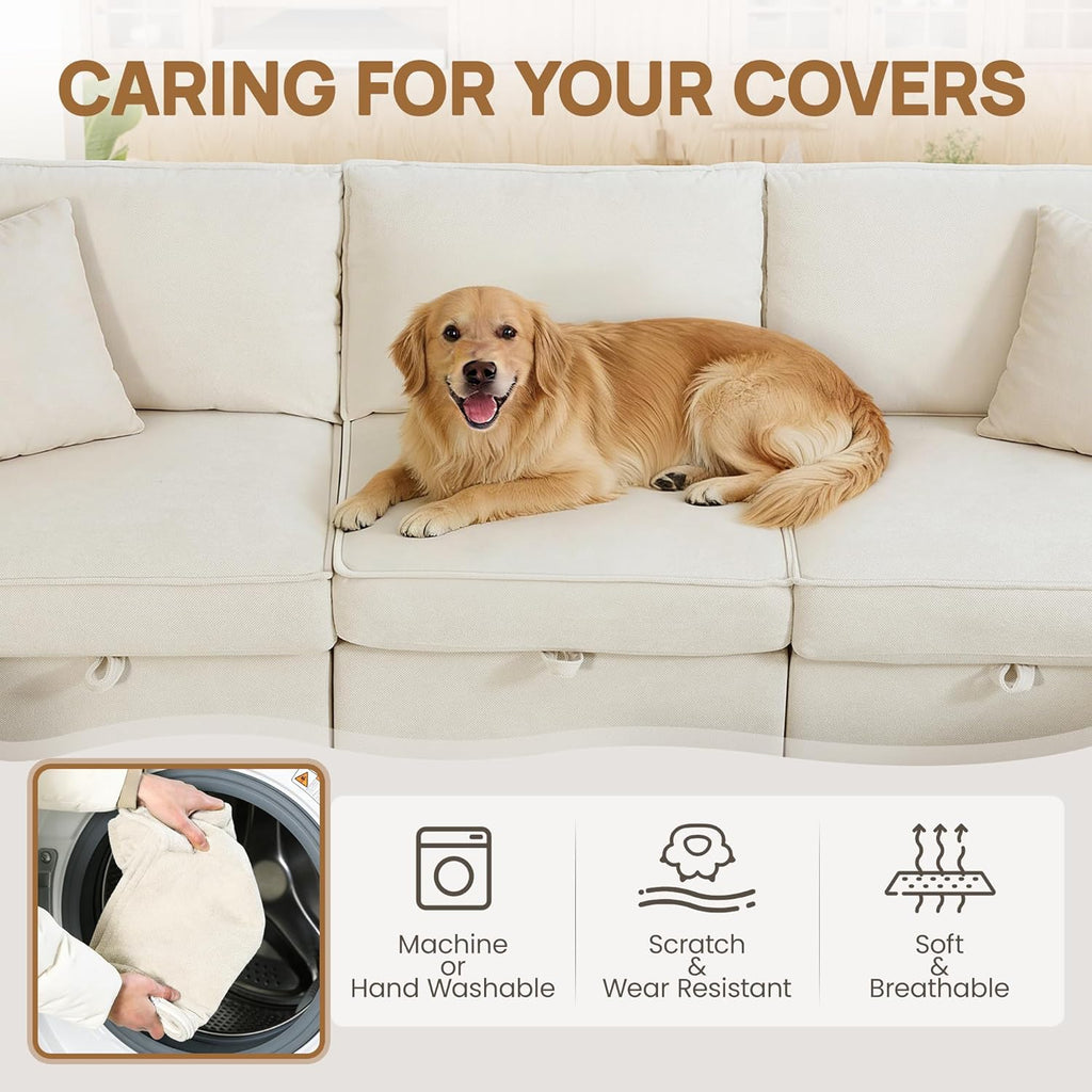 99" Chenille Modular Sectional Sofa Bed Hidden Storage, Convertible L U Shaped Sleeper Couch, 6 Seat Modern Modular Sectional Sofa with Washable Covers & Ottoman Chaise, for Living Room, Beige