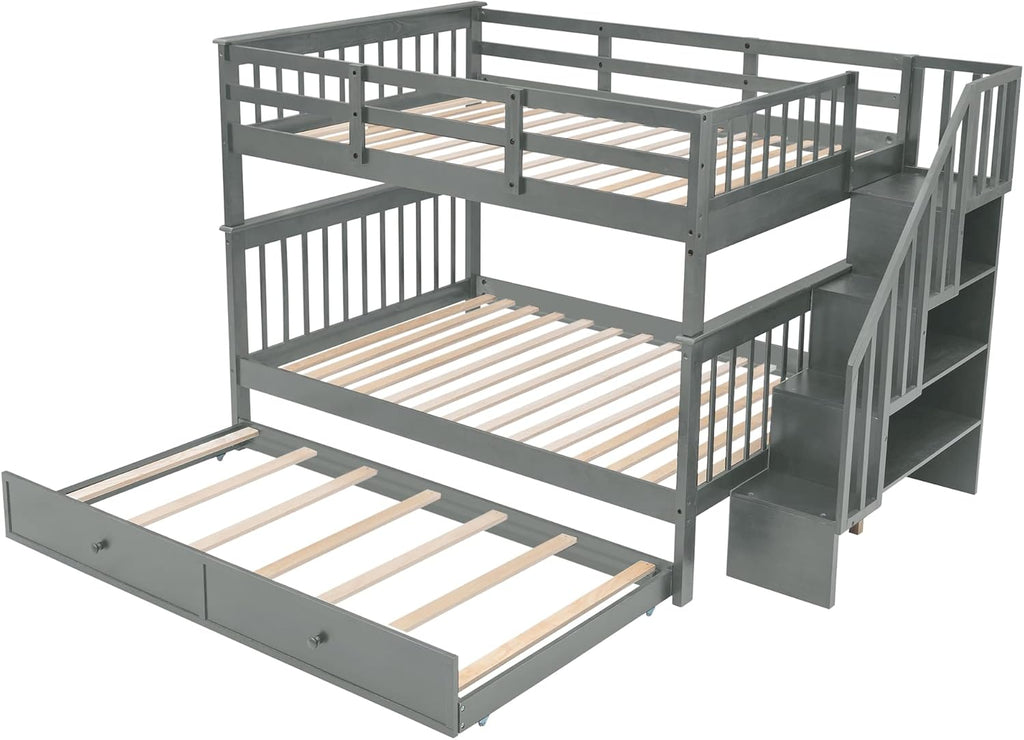 Bellemave Full Over Full Bunk Beds with Stairs and Trundle Wood Bunk Bed Frame with Staircase and Storage Shelves for Kids Teens Adult, Detachable Stairway Bunkbed for Boys Girls, Gray