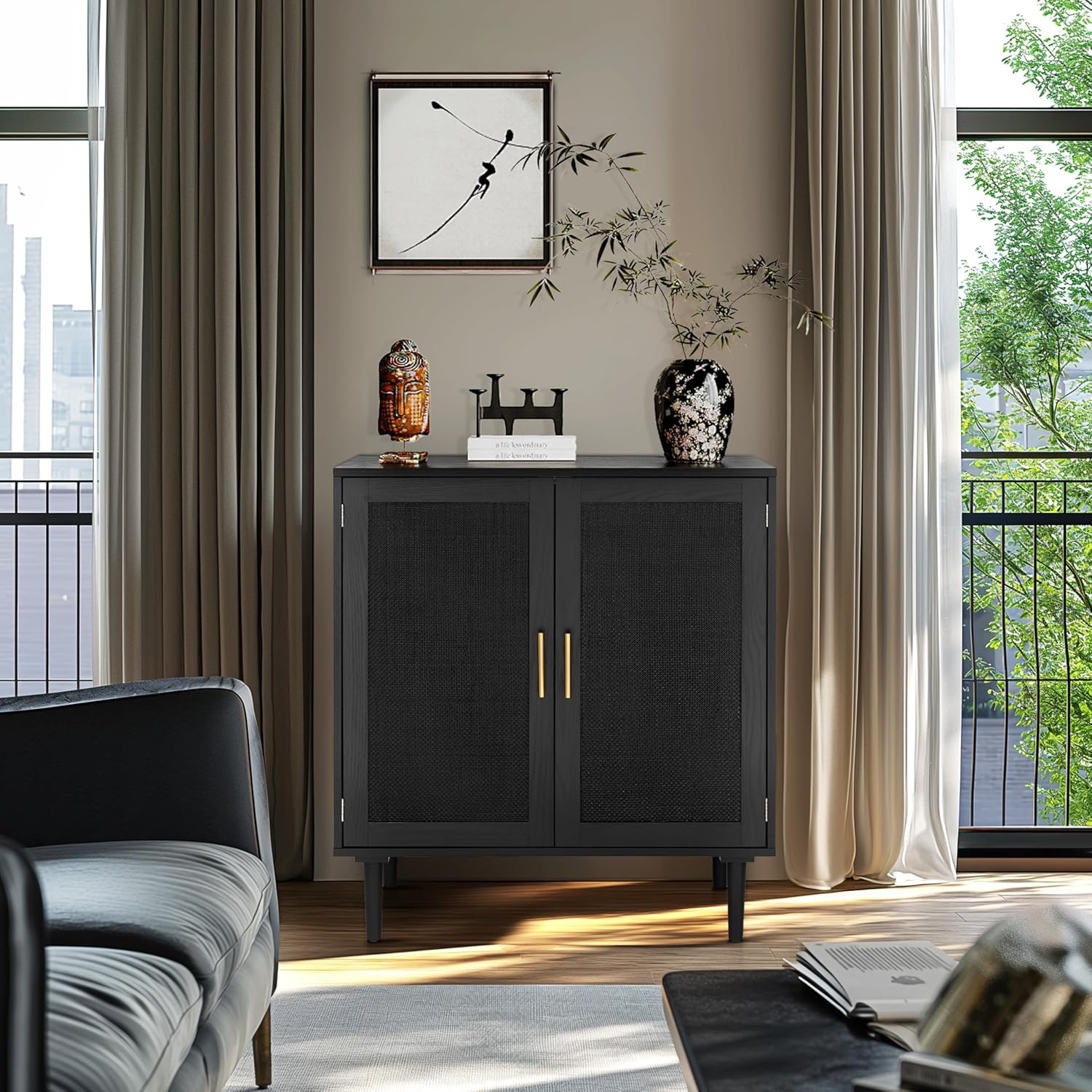 Finnhomy Sideboard Buffet Kitchen Storage Cabinet with Black Painted Rattan Decorated Doors, Dining Room, Hallway, Cupboard Console Table, Liquor/Accent Cabinet, 31.5X 15.8X 34.6 Inches, Black