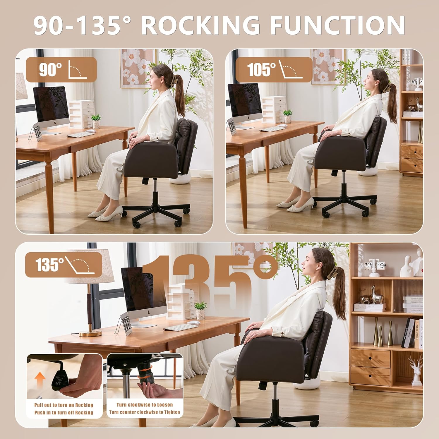 Criss Cross Chair with Flip-Up Arms & Swivel Wheels, Vanity Chair with Adjustable Height & Side Pockets, Comfortable Wide Seat Reclining Computer Office Desk Chairs for Home Office, Make Up, Bed Room