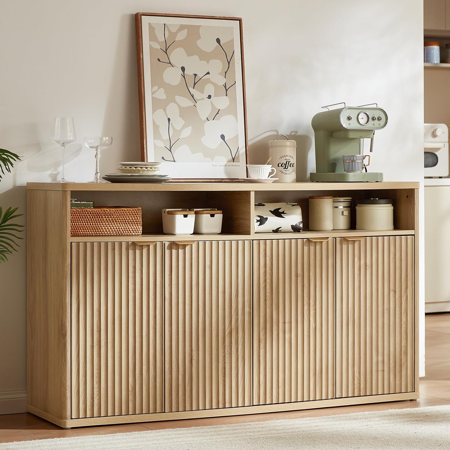 LEYAOYAO Fluted Buffet Cabinet with Storage, 55" Wide Wood Sideboard Credenza with 4 Doors & Open Storage Shelf, Kitchen Entryway Accent Table, Modern Console Cabinets for Dining Room, Natural Oak
