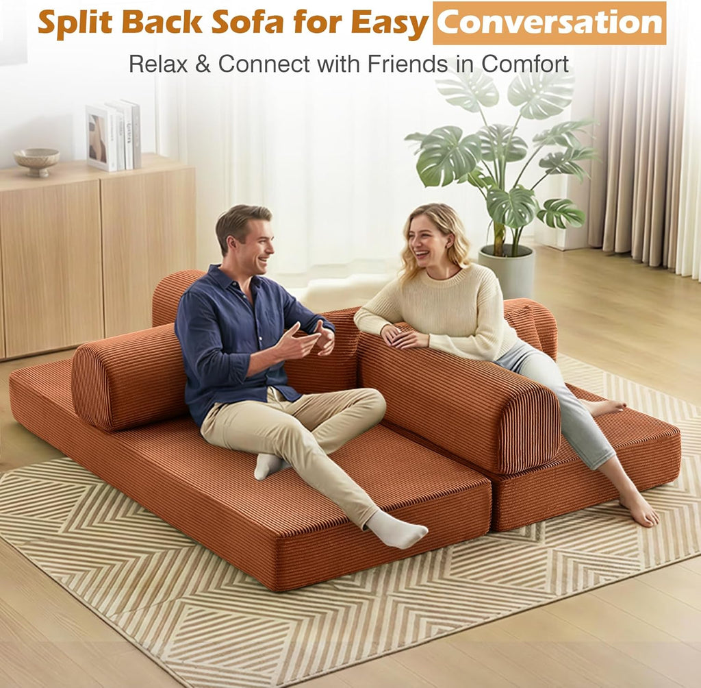 Sofa Bed, 79" Convertible Sleeper Sofa with Pull Out Bed, 5-in-1 Folding Corduroy Futon Couch, Modular Loveseat Sofa Bed for Living Room, Bedroom & Apartment, Brown