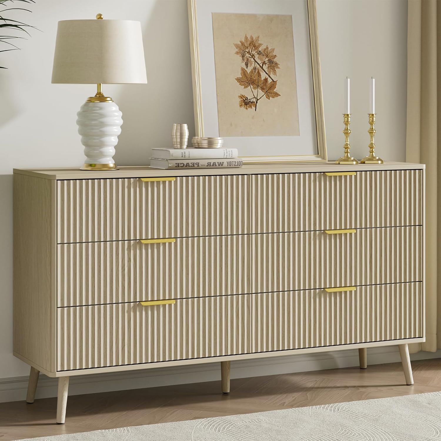LYNSOM 55" Wide Fluted Dresser for Bedroom with 6 Drawer, Modern Chest of Drawers with Curved Profile Design and Metal Handles, Wood Dresser TV Stand & Storage Organizer for Living Room, Beige