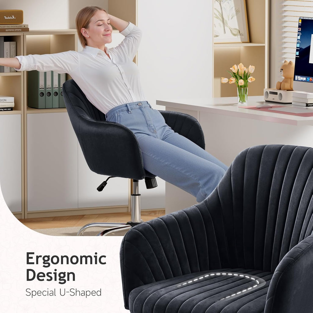 Warmiehomy Office Chair, Velvet Desk Chair for Home Office, Cozy Vanity Chair, Girl Cute Makeup Chair with Arm Rest for Bedroom Dressing Room (Classic Black)
