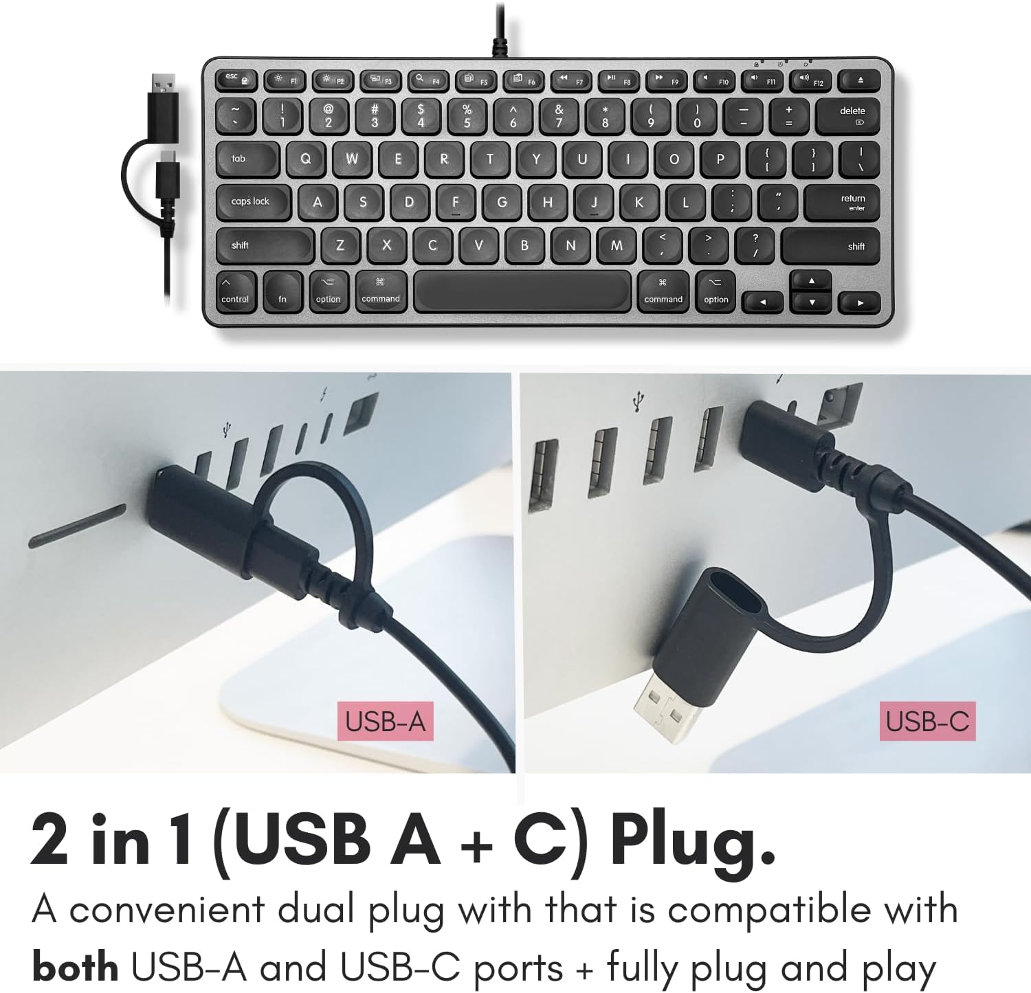 Macally Wired Keyboard for Mac with USB Hub (2X USBC / 1x USBA) - Compatible Small Apple Keyboard with 2 in 1 USB Plug - for MacBook Pro/Air, Mac mini, iMac