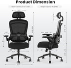 Sweetcrispy Office Chair Ergonomic Desk Chair, 300 LBS Home Mesh Office Desk Chairs with Wheels, 2D Headrest, Up&Down Lumbar Support, Swivel High Back Computer Chair with Flip-up Armrests,Dark Black