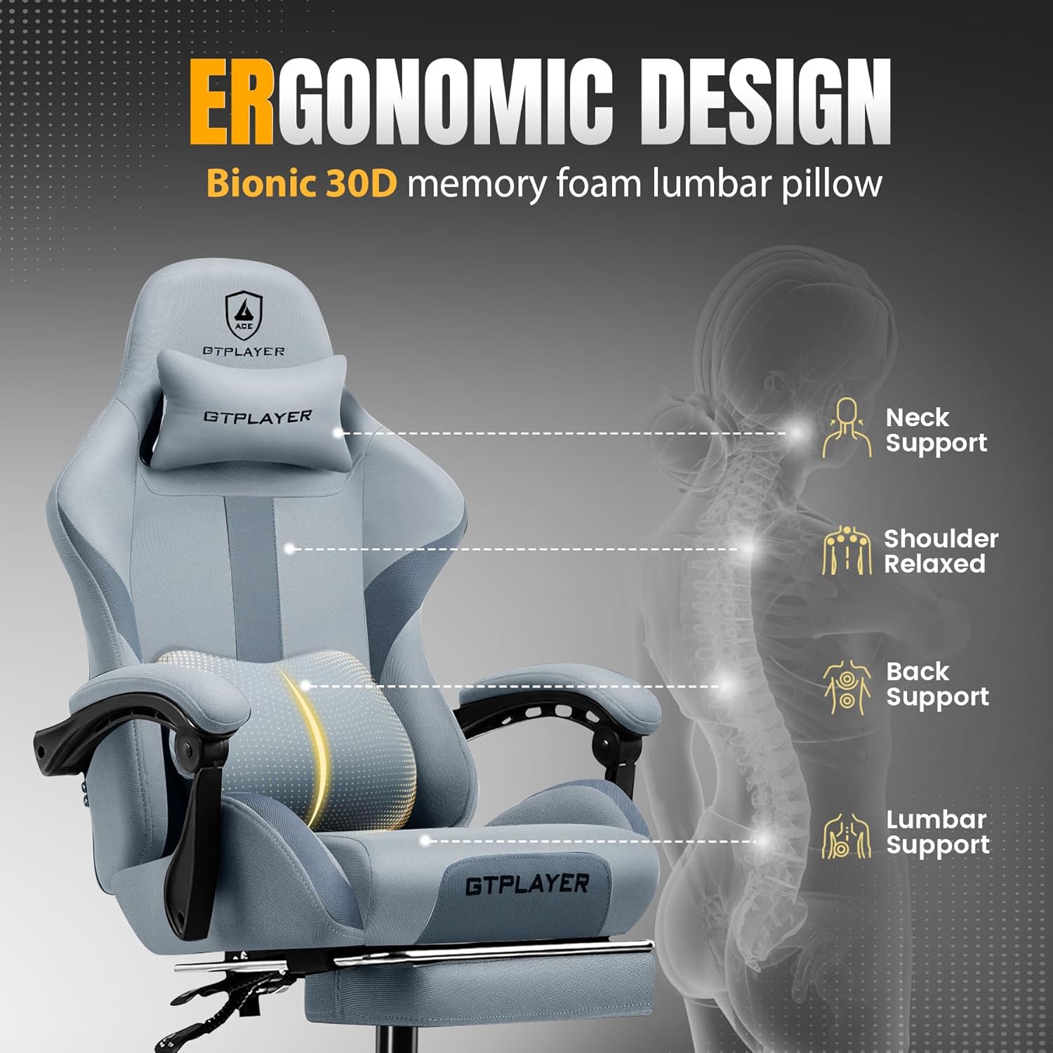 GTPLAYER Gaming Chair with Foot Rest & Pocket Spring Cushion, Breathable Fabric for Home Office Desk, Ergonomic High Back Computer Chair with Headrest & Lumbar Support, Blue/Gray